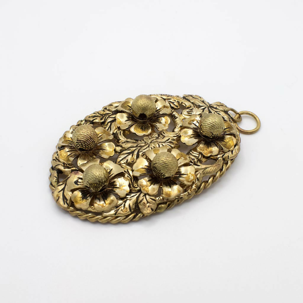 Vintage Floral Brass Filigree Oval Pendant