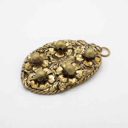 Vintage Floral Brass Filigree Oval Pendant