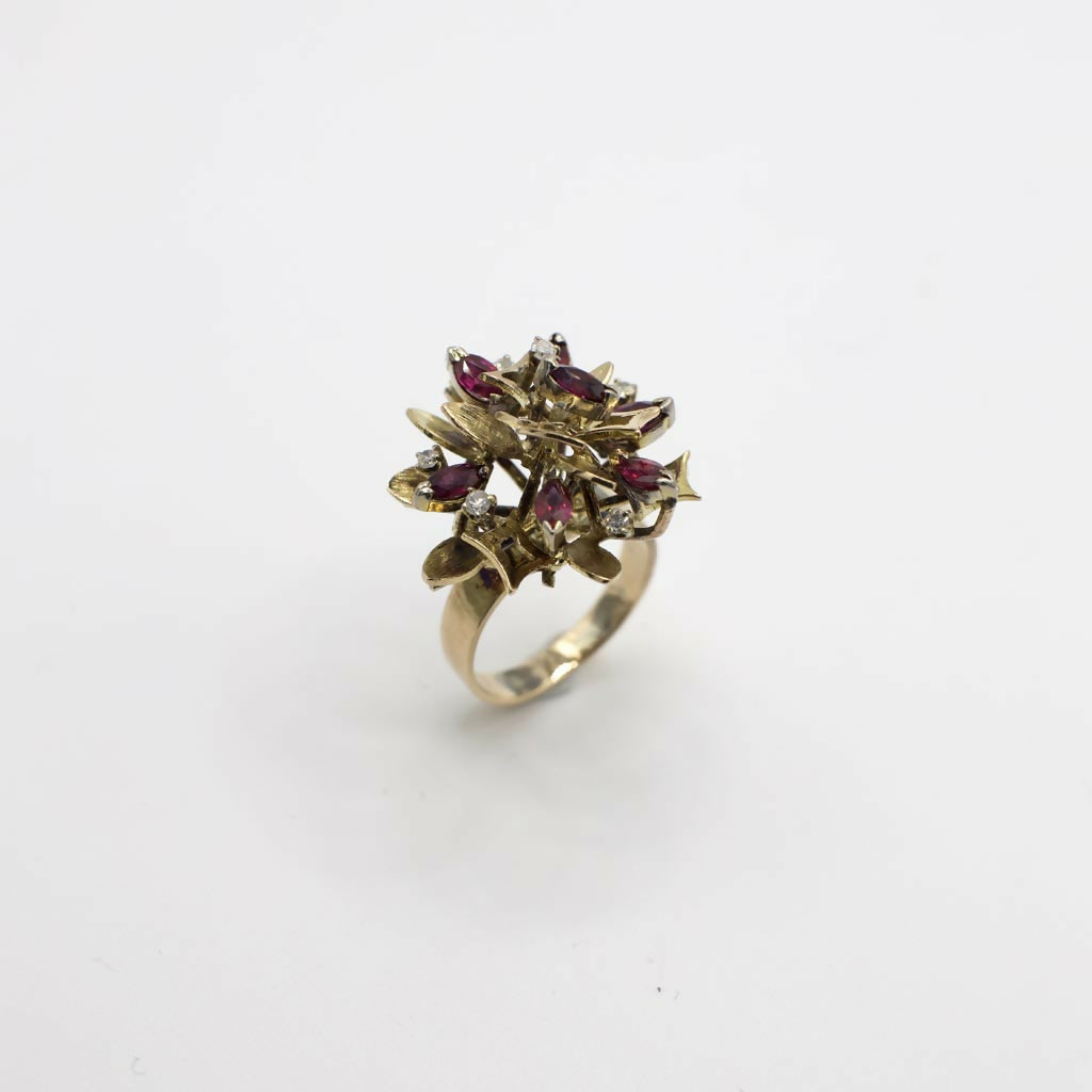 Vintage Genuine Diamond And Ruby Mid-Century Statement Ring In 14K Yellow Gold