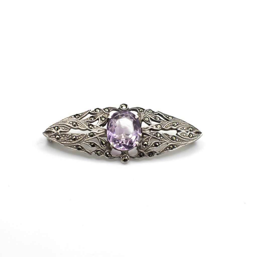 Antique Arts and Crafts Era Genuine Earth Mined Amethyst and Marcasite Brooch Pin In Sterling Silver