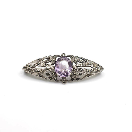 Antique Arts and Crafts Era Genuine Earth Mined Amethyst and Marcasite Brooch Pin In Sterling Silver
