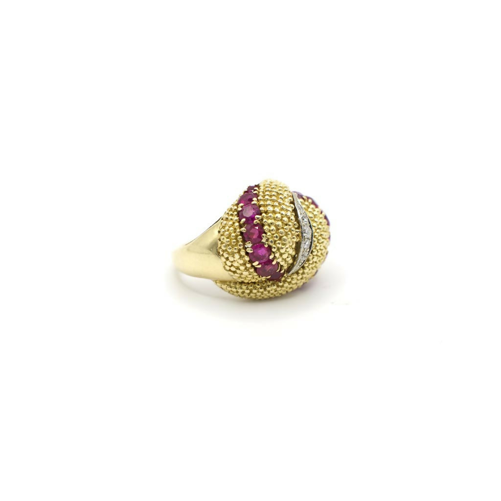 Vintage Italian Genuine Diamond and Ruby Cocktail Ring In 18K Yellow Gold