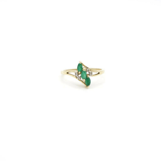 Estate Vintage Genuine Diamond and Emerald Bypass Shank Ring In 14K Plumb Yellow Gold