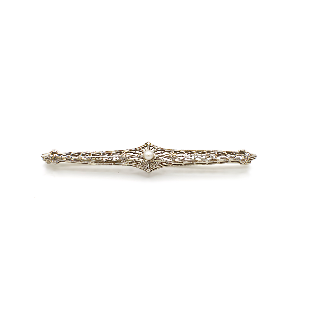 Antique Art Deco Platinum Over 14K White Gold Filigree and Genuine Button Pearl Bar Pin