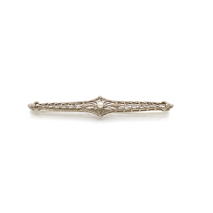 Antique Art Deco Platinum Over 14K White Gold Filigree and Genuine Button Pearl Bar Pin
