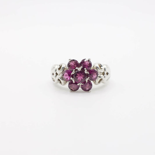 Vintage Floral Garnet Ring In Sterling Silver