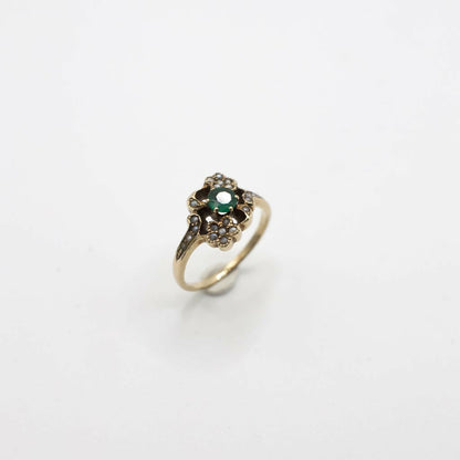Vintage Victorian Style Genuine Emerald and Seed Pearl Ring In 10K Yellow Gold