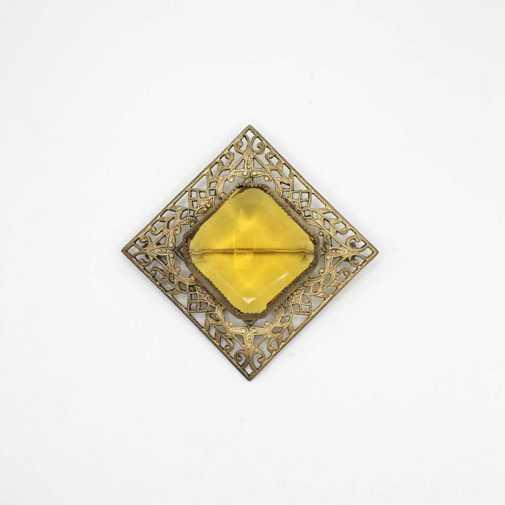 Antique Victorian Simulated Citrine Gold Tone Filigree Brooch
