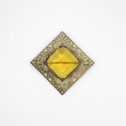 Antique Victorian Simulated Citrine Gold Tone Filigree Brooch