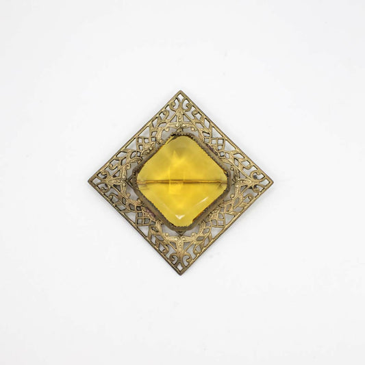 Antique Victorian Simulated Citrine Gold Tone Filigree Brooch