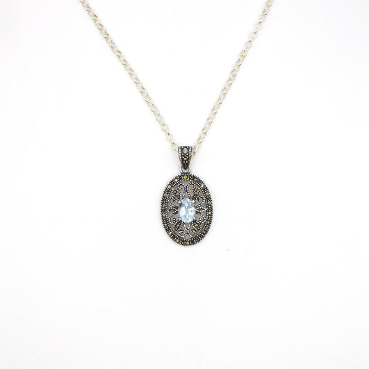 Vintage Genuine Blue Topaz and Marcasite Pendant Necklace