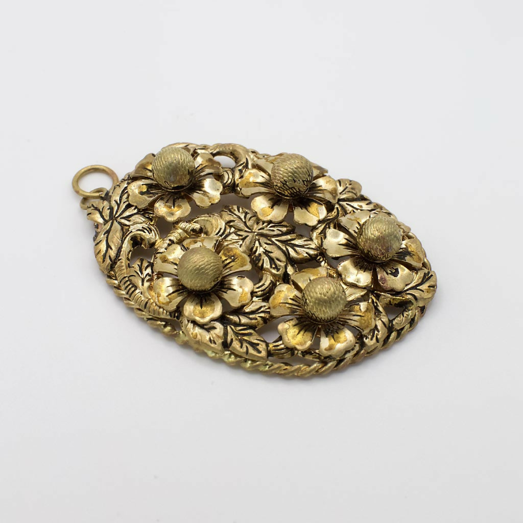 Vintage Floral Brass Filigree Oval Pendant