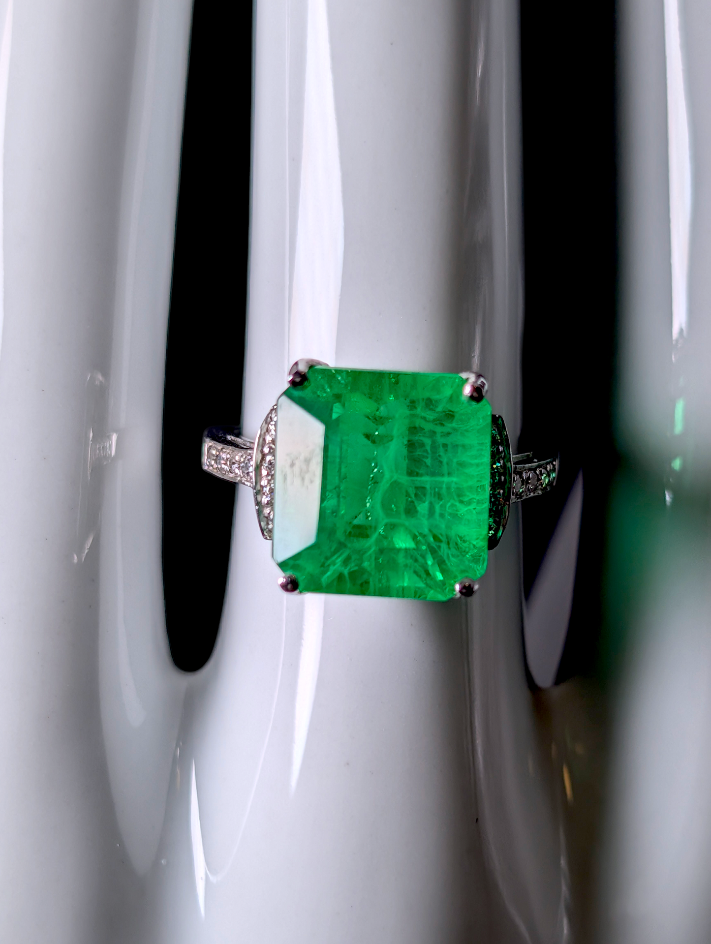 Vintage Cushion Step Cut Genuine Hydrothermal Emerald Solitaire with Simulated Diamond Accents Sterling Silver Statement Ring