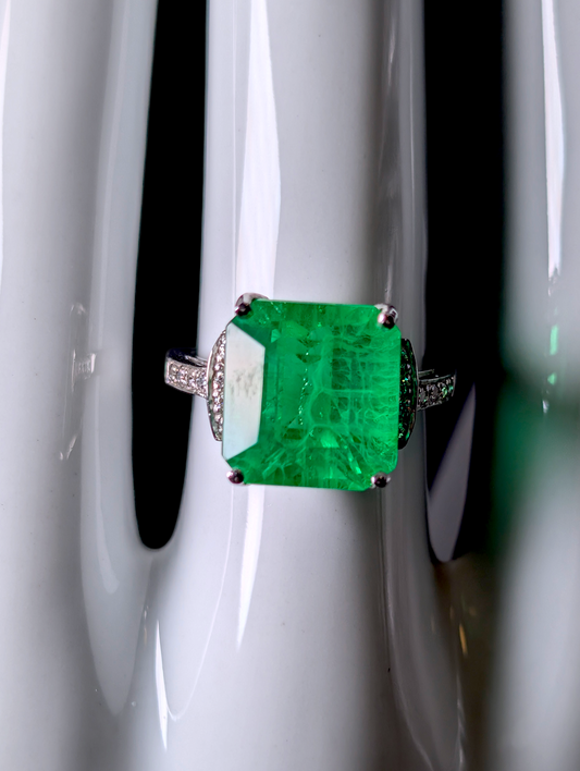 Vintage Cushion Step Cut Genuine Hydrothermal Emerald Solitaire with Simulated Diamond Accents Sterling Silver Statement Ring