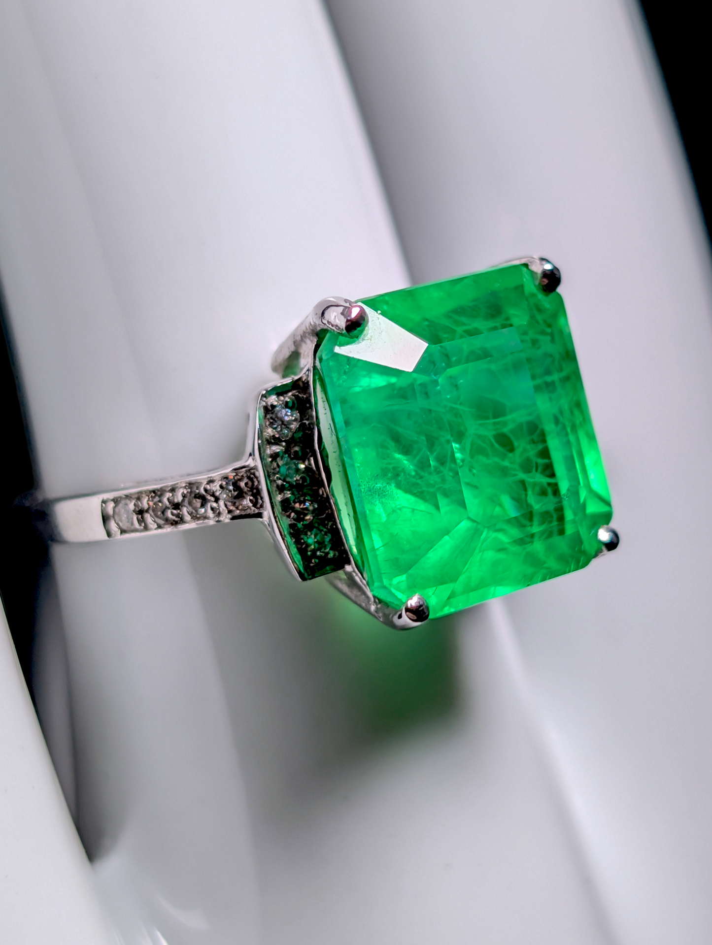 Vintage Cushion Step Cut Genuine Hydrothermal Emerald Solitaire with Simulated Diamond Accents Sterling Silver Statement Ring