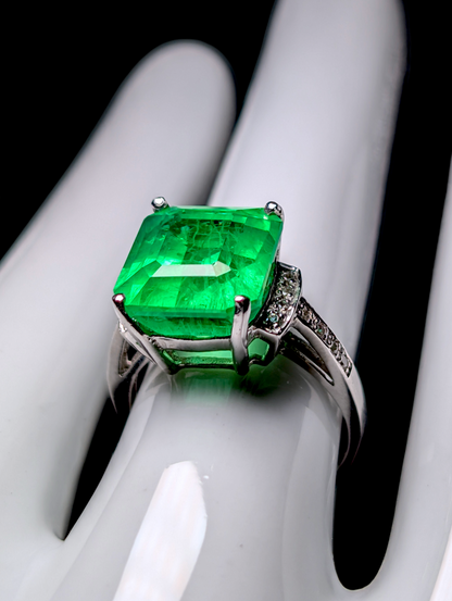 Vintage Cushion Step Cut Genuine Hydrothermal Emerald Solitaire with Simulated Diamond Accents Sterling Silver Statement Ring