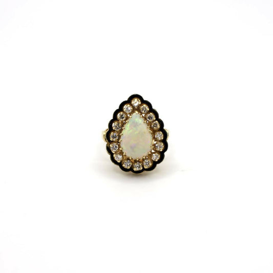 Vintage Signed Kurt Goldschmidt Jewelers Inc Earth Mined Diamond and Opal Cocktail Ring In 14K Yellow Gold