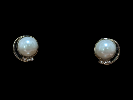 Vintage Half Moon Pearl and Crystal Rhinestone Clip On Earrings