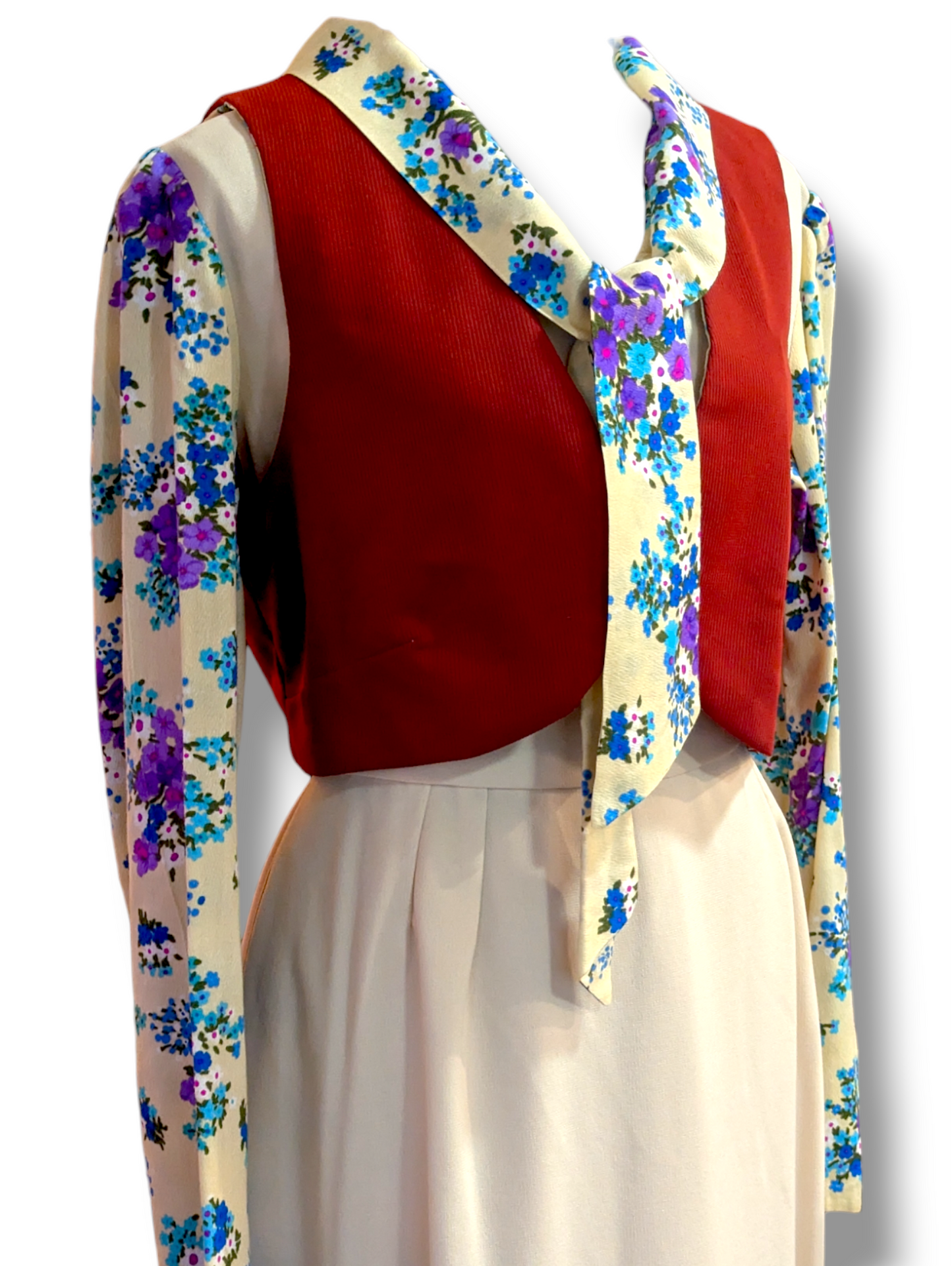 1970s 3 Piece Matching Tan and Floral Blouse, Skirt and Reversible Vest with Pockets!