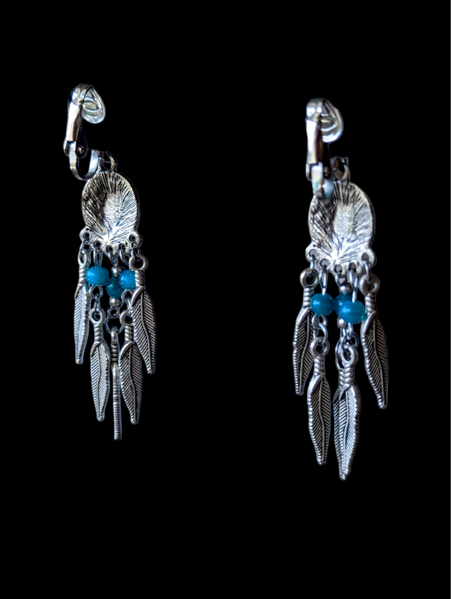 Vintage Boho Silver Feather Earrings with Blue Enamel Clip On