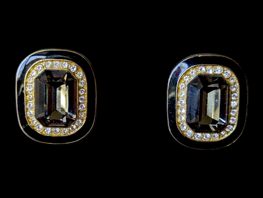 Vintage Smokey Gray Glass Stone with Black Enamel and Gold Trim with Rhinestones Clip on Earrings