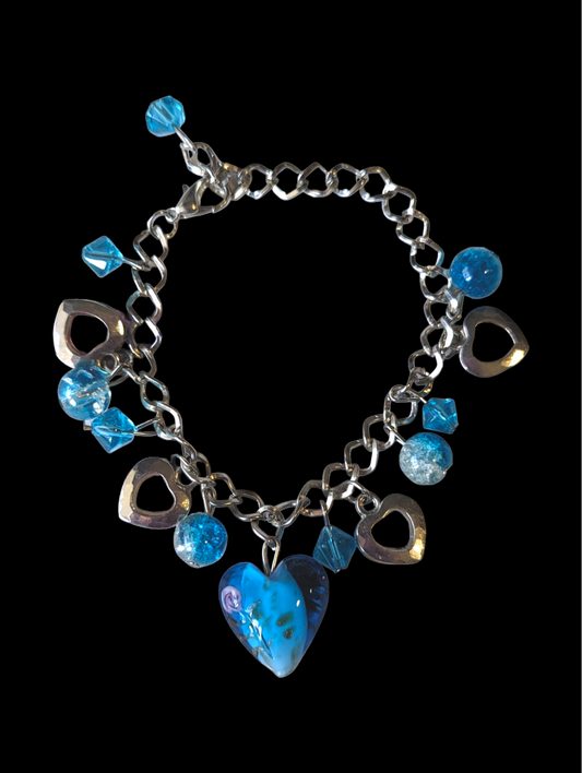 Vintage Blue Heart Crystal Dangle Charm Bracelet by Art Glass Sky 30