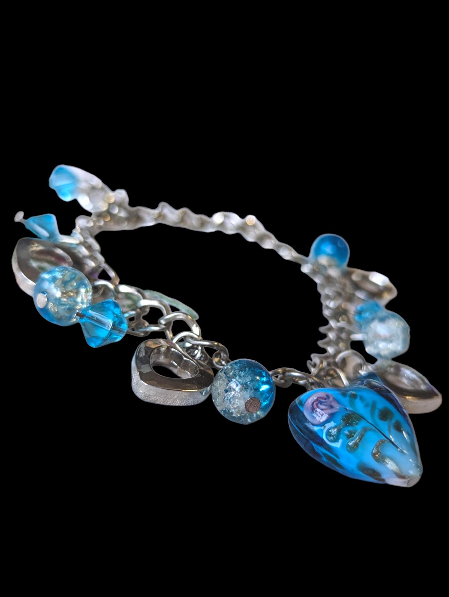 Vintage Blue Heart Crystal Dangle Charm Bracelet by Art Glass Sky 30