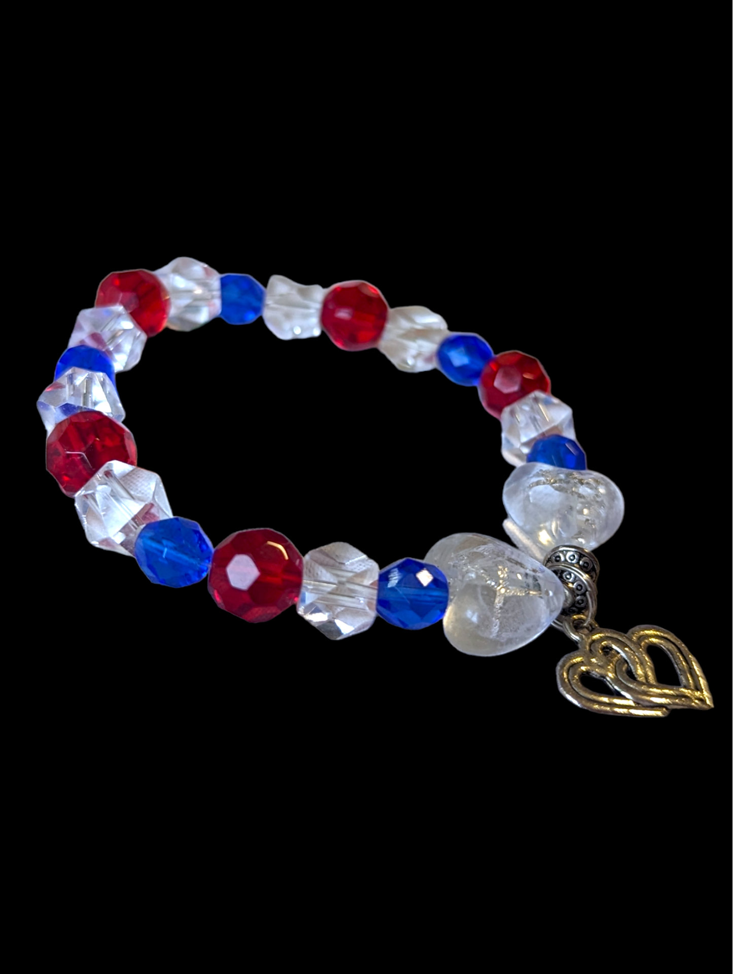 Vintage Cut Crystal Heart Charm Bracelet in Red, White and Blue