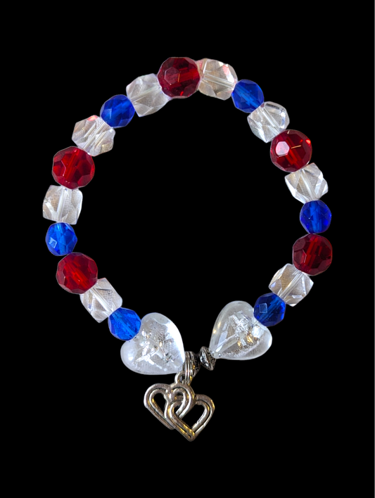 Vintage Cut Crystal Heart Charm Bracelet in Red, White and Blue