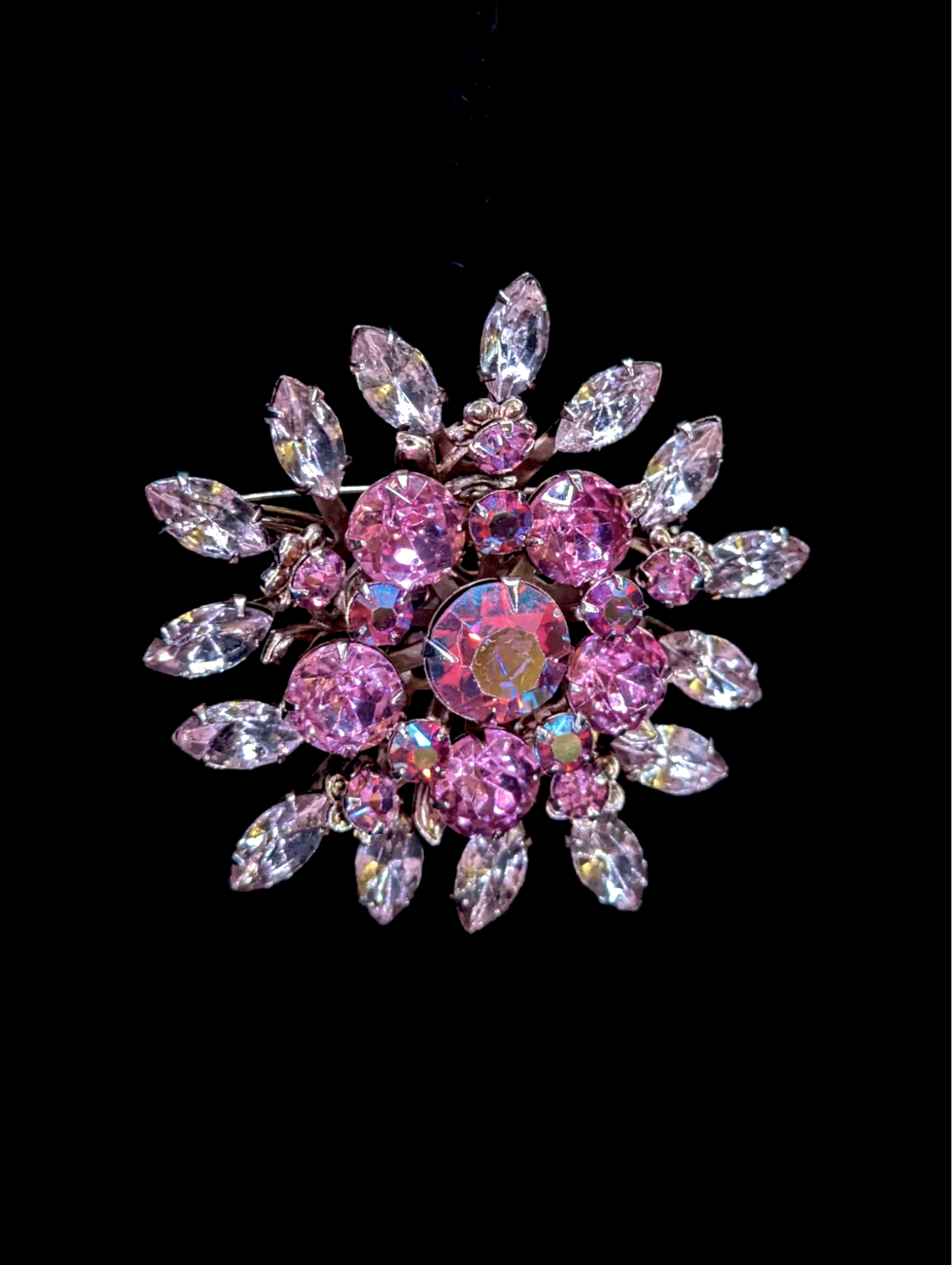 Mid-Century Modern Pink Aurura Borealis Crystal Rhinestone Brooch and Earrings Set