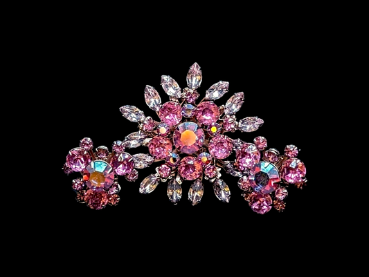 Mid-Century Modern Pink Aurura Borealis Crystal Rhinestone Brooch and Earrings Set