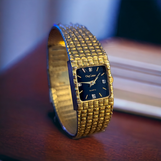 Vintage Oleg Cassini Basket Weave Golden Quartz Watch