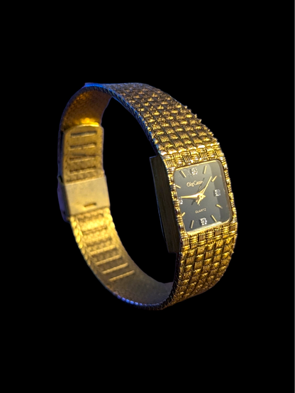 Vintage Oleg Cassini Basket Weave Golden Quartz Watch