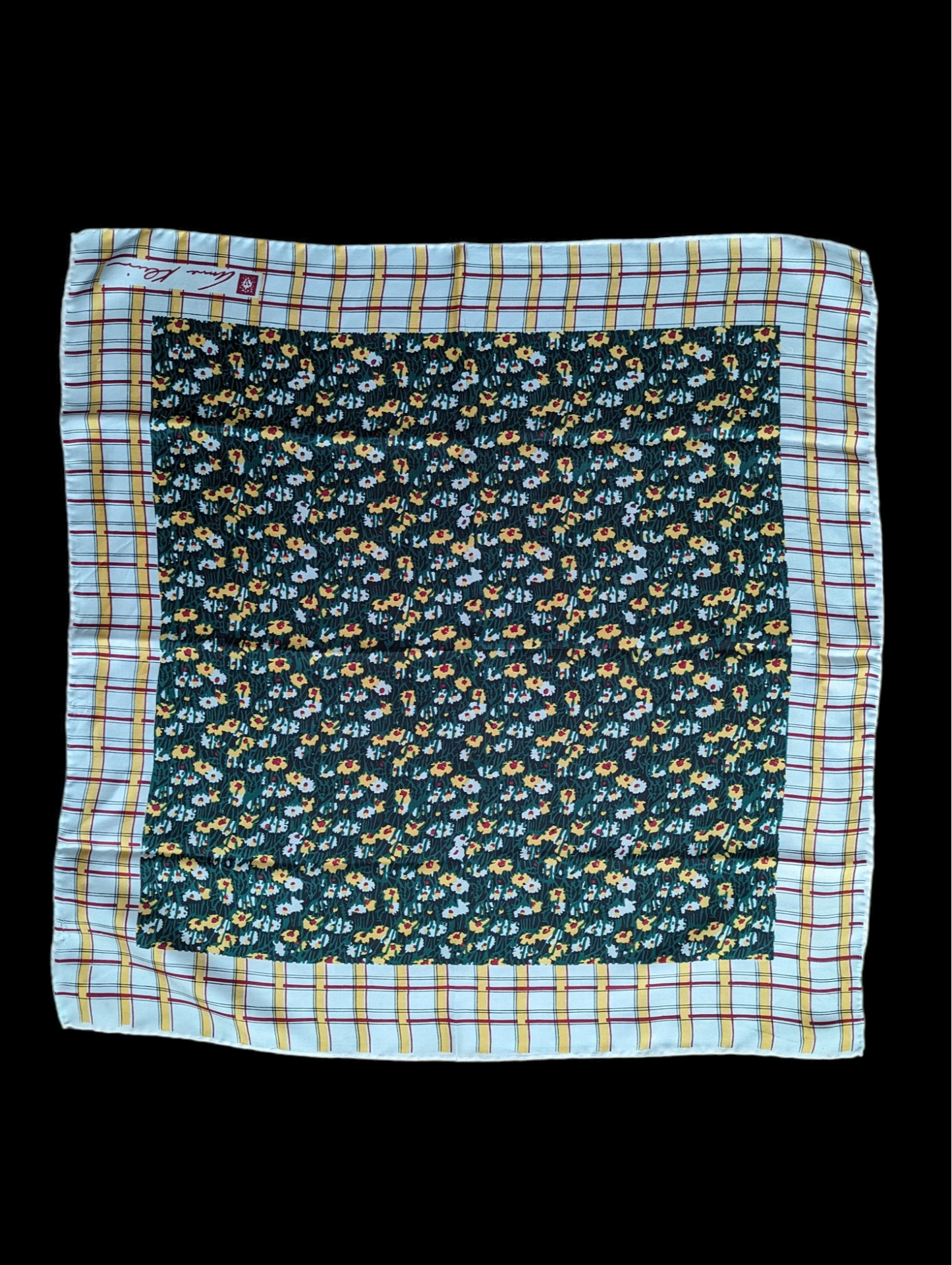 Vintage Anne Klein Green Wildflower Plaid Silk Scarf