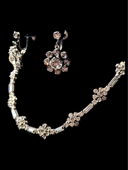 Vintage Kramer of New York Crystal Rhinestone Starburst Cluster Necklace and Earrings Set