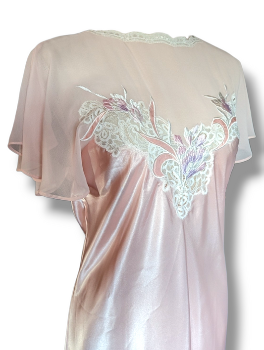 1980s Does 1930s Natori Soft Pink Satin Silky Nightgown with Cape Sleeves