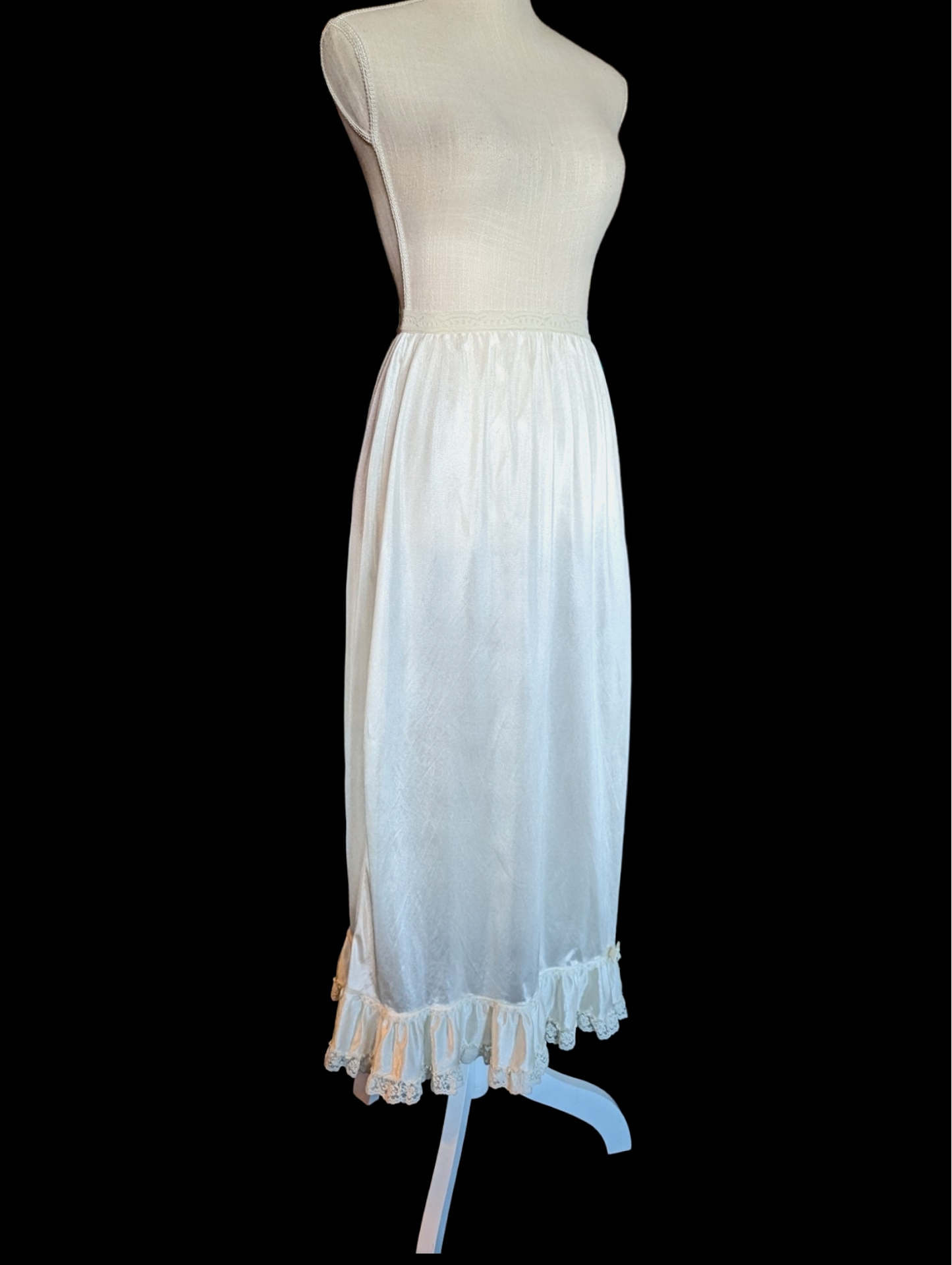 1960s Her Majesty Soft White Nylon Slip Skirt with Ruffles and Bow