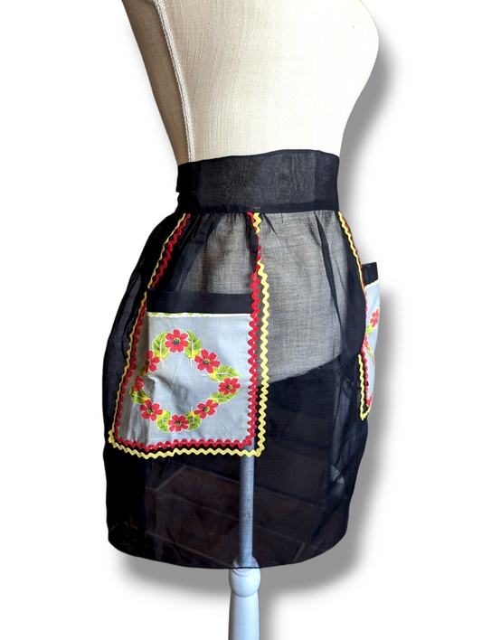 1960s Sheer Black and Floral Half Apron with Wavy Trim