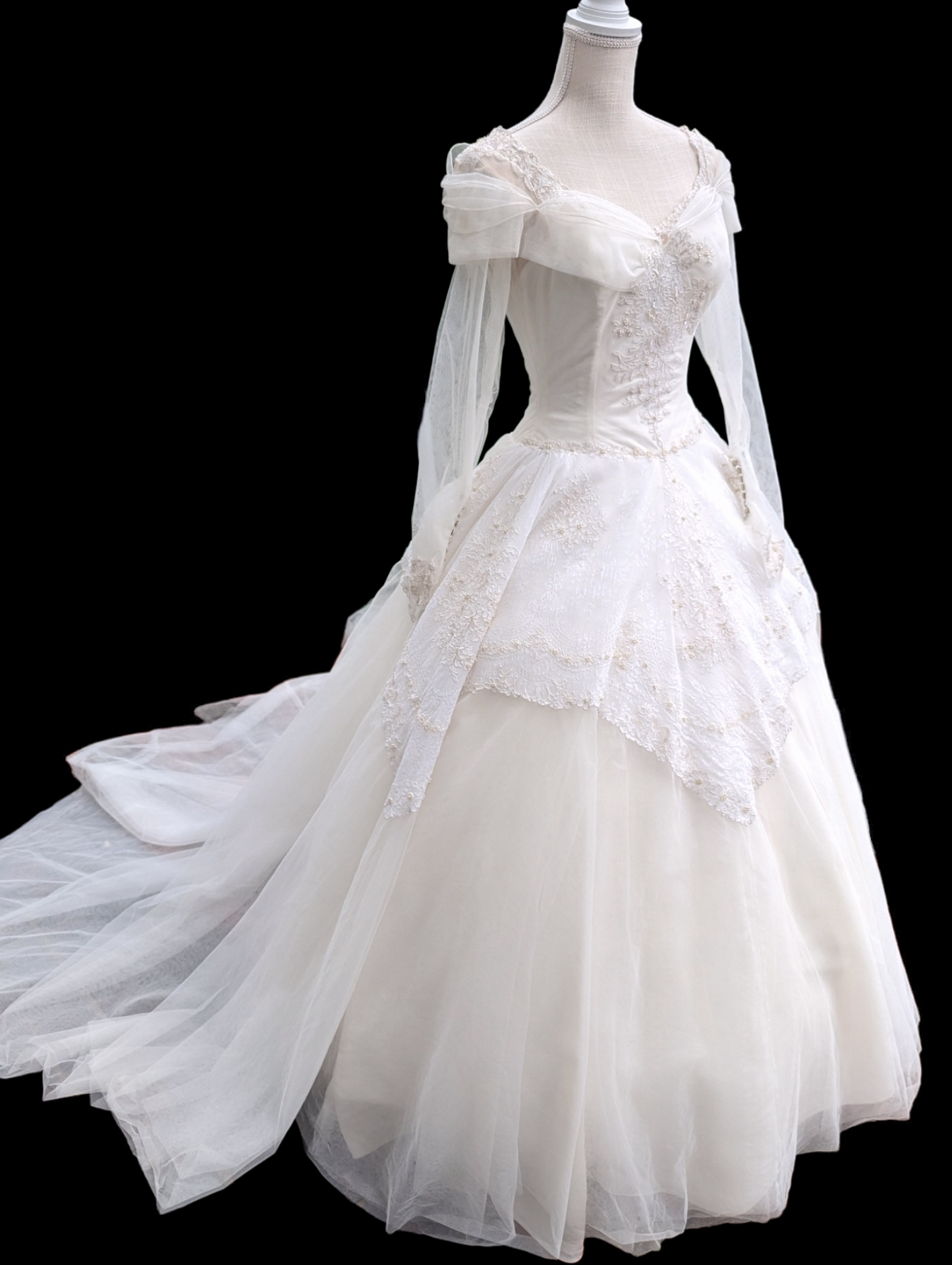 1950s Montaldo's Princess Style Tulle Layered Wedding Dress with Extra Long Train