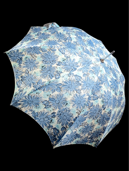 Mid-Century Modern Blue Flower Collapsible Umbrella with Amber Lucite Handle