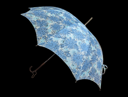 Mid-Century Modern Blue Flower Collapsible Umbrella with Amber Lucite Handle