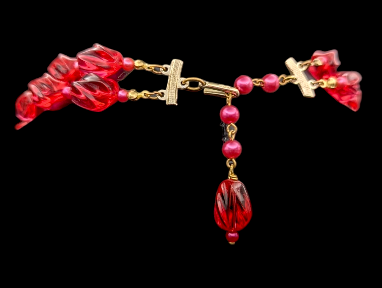 1950s Red Jelly 2 Strand Necklace with Pink Beads and Hook Clasp