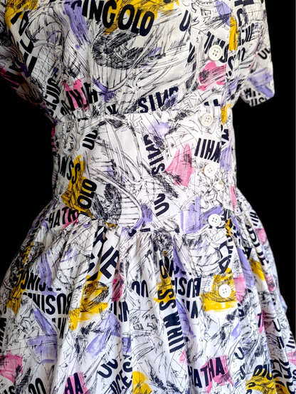 1980s Carol Anderson California Newspaper Graffiti Fit and Flair Cotton Dress with Pockets