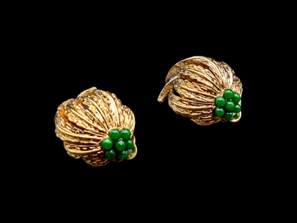 Rare 1960s Jomaz Gold Plated and Simulated Glass Jade Flower Earrings