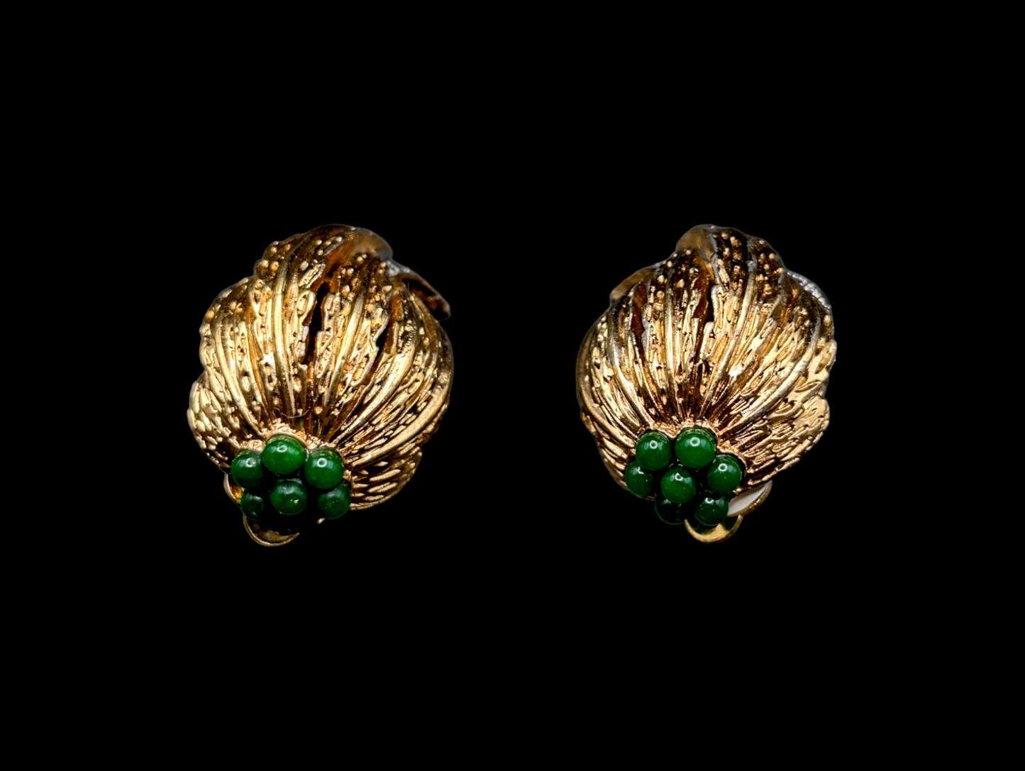 Rare 1960s Jomaz Gold Plated and Simulated Glass Jade Flower Earrings