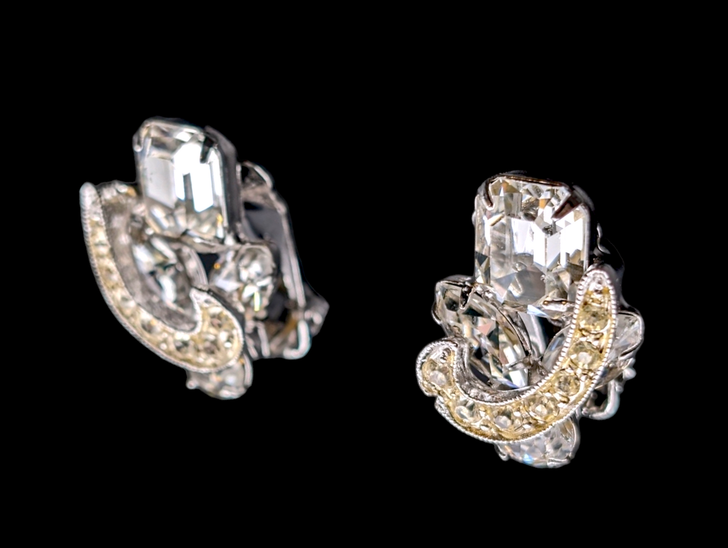 1950s Weiss Crystal Rhinestone Earrings with Gold Ribbon Accents