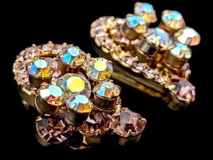 1950s Pink Morganite Crystal Rhinestone Aurora Borialis Shooting Star Pin and Matching Cluster Earrings Set