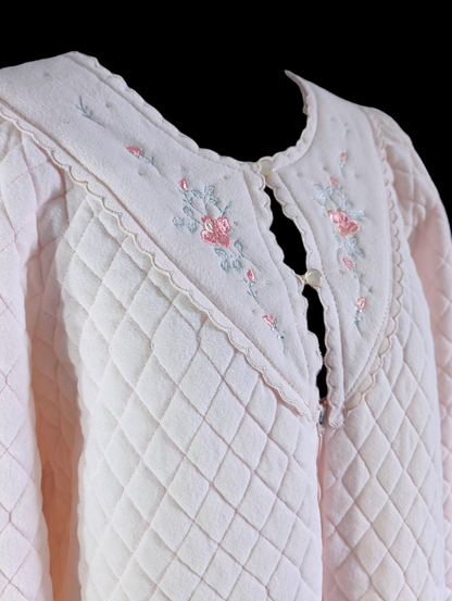 1980s Plush Quilted Pink Floor Length Nightgown with Embroidered Flowers, Long Sleeves, and Talon Zipper