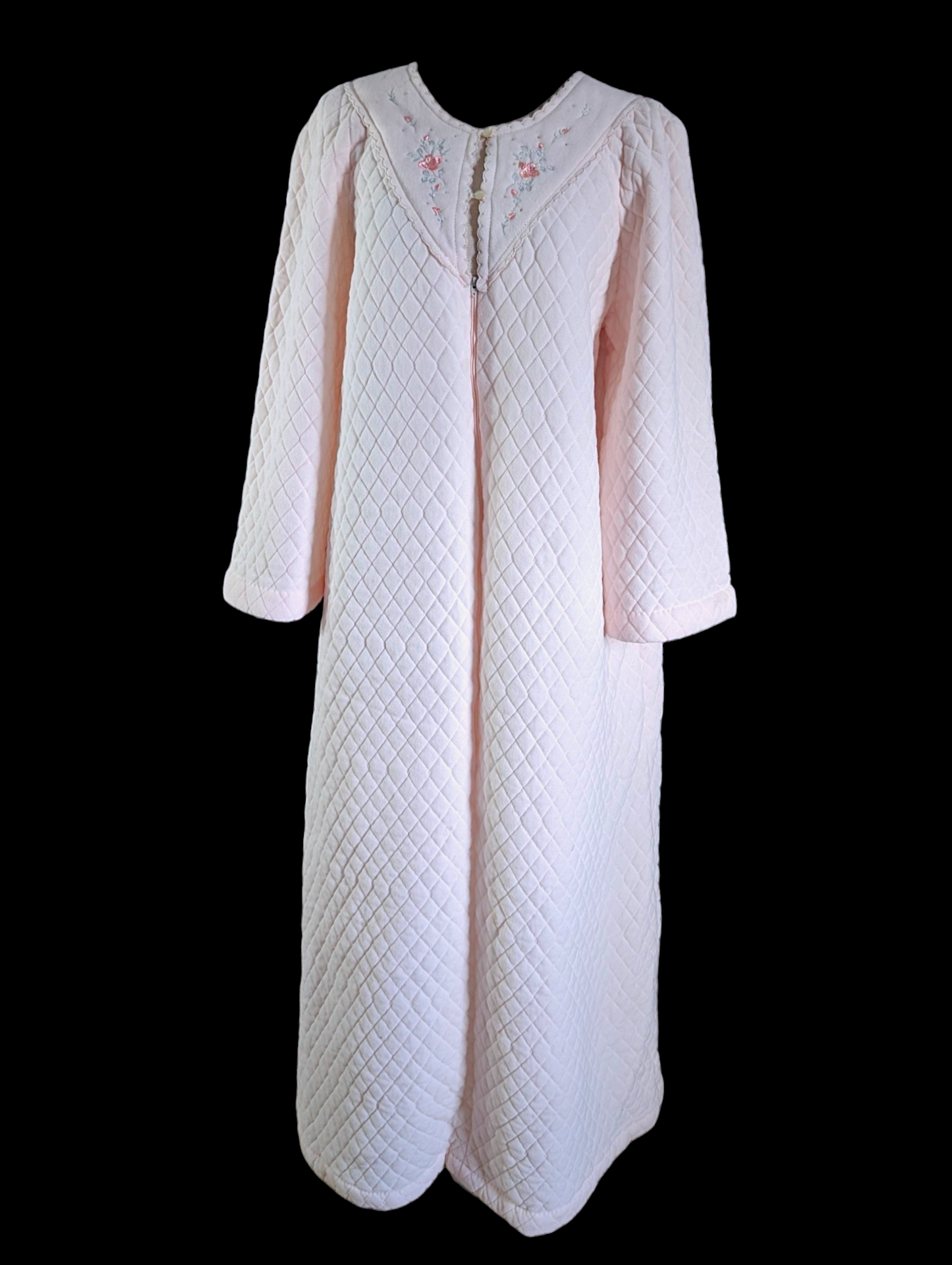 1980s Plush Quilted Pink Floor Length Nightgown with Embroidered Flowers, Long Sleeves, and Talon Zipper