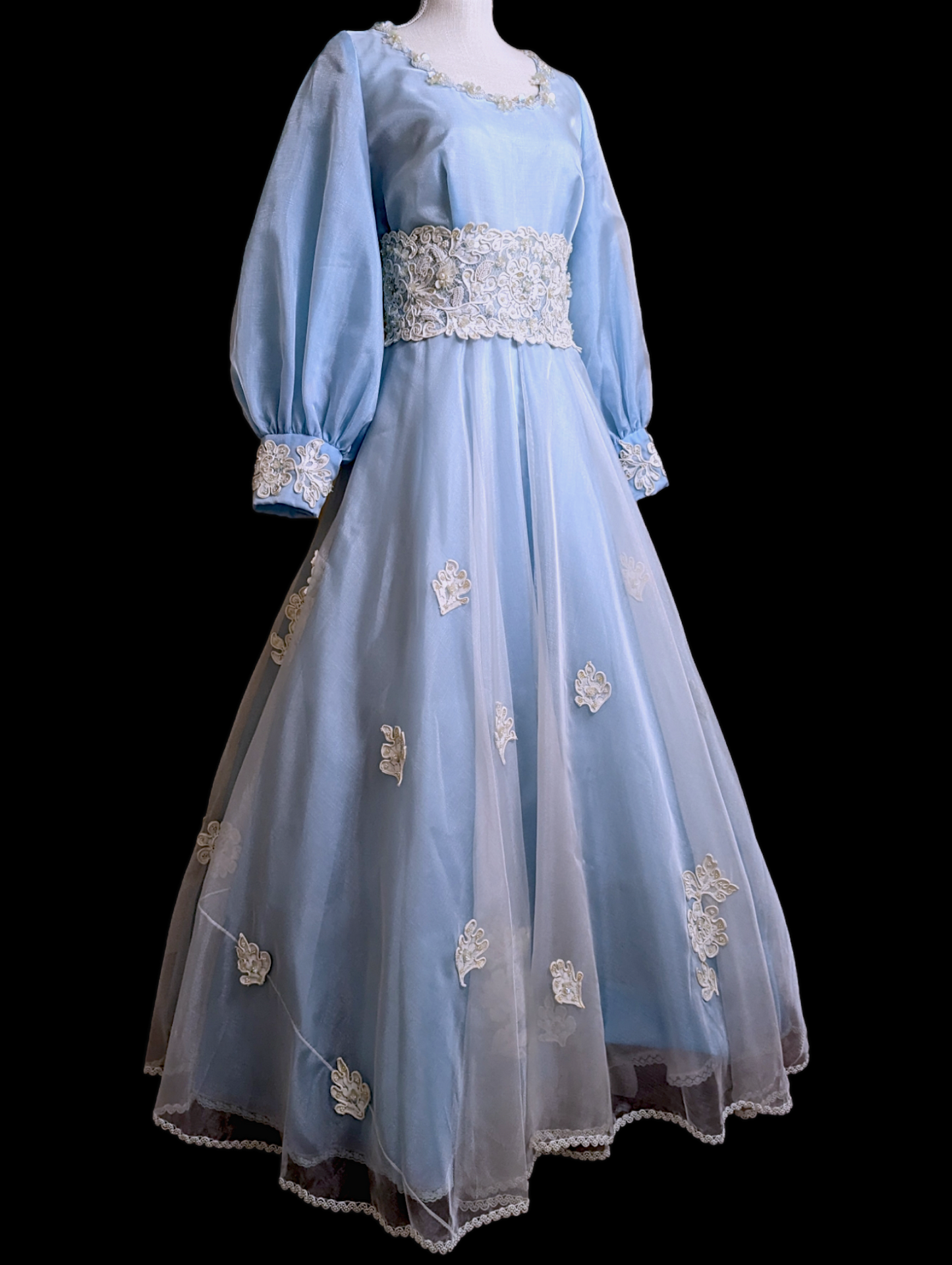 1972 Blue Wedding Dress with Bishop Sleeves, Scoop Neckline, and Hand Beaded Details
